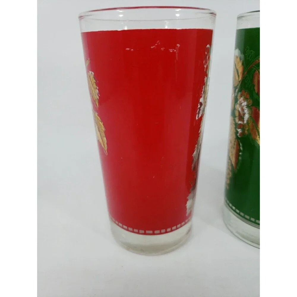 Vintage Libbey Grape Leaf Design Glasses Red Green Gold Christmas 12 oz MCM USA